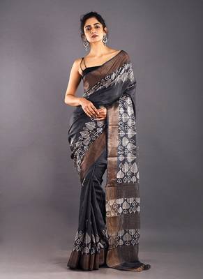 Black & Offwhite Tussar Silk Saree With Zari Border 1