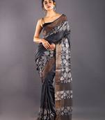 Black & Offwhite Tussar Silk Saree With Zari Border