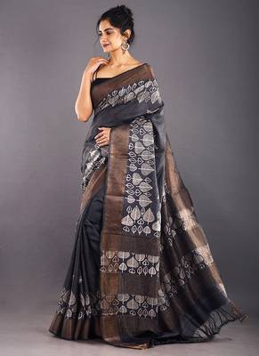 Black & Offwhite Tussar Silk Saree With Zari Border 2