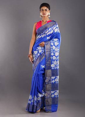 Blue & Offwhite Tussar Silk Saree With Zari Border 1