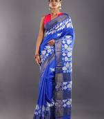 Blue & Offwhite Tussar Silk Saree With Zari Border