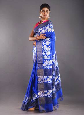 Blue & Offwhite Tussar Silk Saree With Zari Border 2