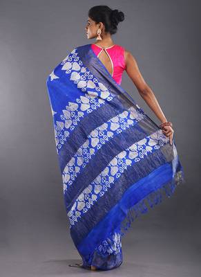 Blue & Offwhite Tussar Silk Saree With Zari Border 3