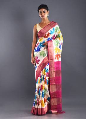 Off White With Multi Color Leaf Tussar Slik Saree With Zari Border 1