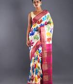 Off White With Multi Color Leaf Tussar Slik Saree With Zari Border