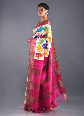 Off White With Multi Color Leaf Tussar Slik Saree With Zari Border 2