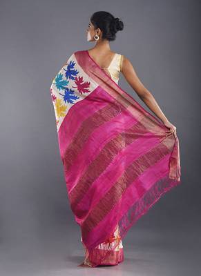 Off White With Multi Color Leaf Tussar Slik Saree With Zari Border 3