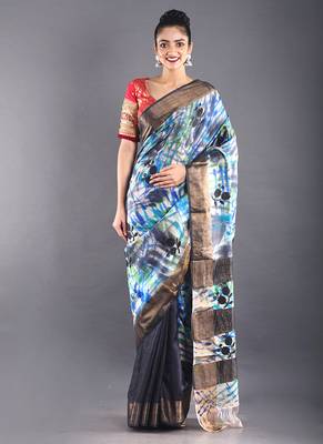 Navy Blue Tussar Silk Saree With Zari Border 1
