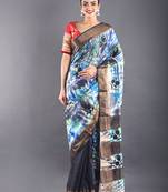 Navy Blue Tussar Silk Saree With Zari Border