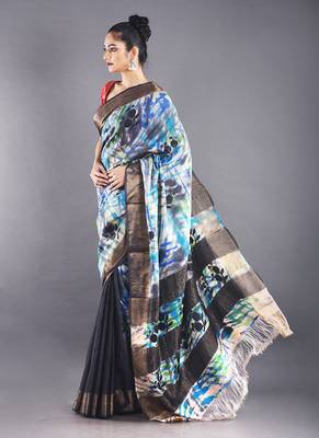 Navy Blue Tussar Silk Saree With Zari Border 2