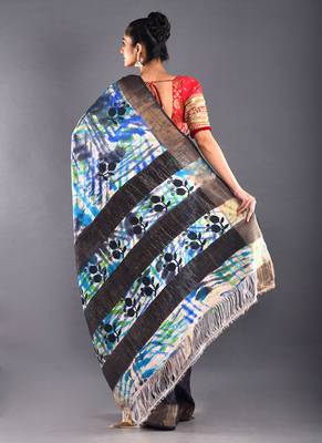 Navy Blue Tussar Silk Saree With Zari Border 3