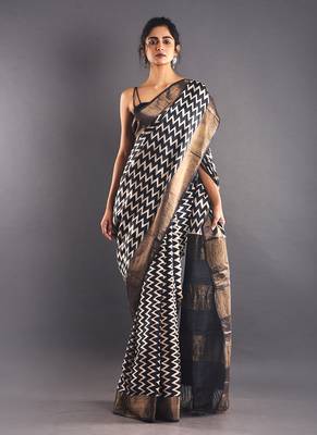 Black & White Tussar Silk Saree With Zari Border 1