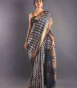Black & White Tussar Silk Saree With Zari Border