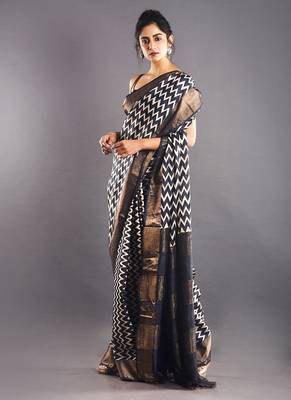 Black & White Tussar Silk Saree With Zari Border 2