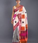 Beige Tussar Silk Saree With Geometrical Motif & Zari Border