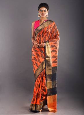 Orange & Navy Blue Tussar Silk Saree With Zari Border 1