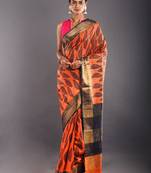 Orange & Navy Blue Tussar Silk Saree With Zari Border