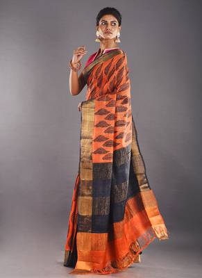 Orange & Navy Blue Tussar Silk Saree With Zari Border 2