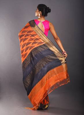 Orange & Navy Blue Tussar Silk Saree With Zari Border 3