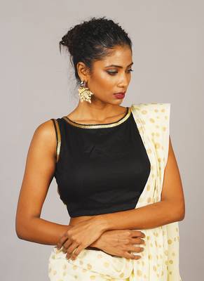 Black Boat Neck Sleaveless Blouse With Golden Sequin Lace 1