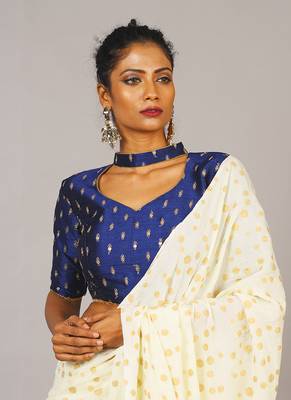 Blue Embroidered Blouse With Band Collar 2