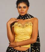 Golden Embroidered Blouse With Floral Brooch