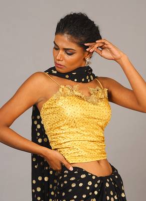Golden Embroidered Blouse With Floral Brooch 2