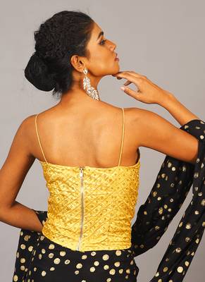 Golden Embroidered Blouse With Floral Brooch 3