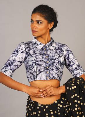 White & Blue Batik Blouse With Shirt Collar 1