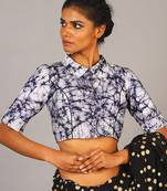 White & Blue Batik Blouse With Shirt Collar