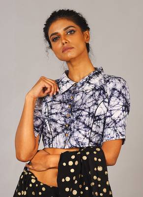 White & Blue Batik Blouse With Shirt Collar 2