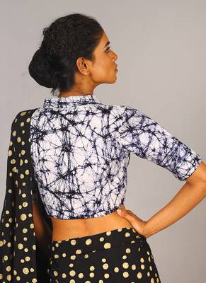 White & Blue Batik Blouse With Shirt Collar 3