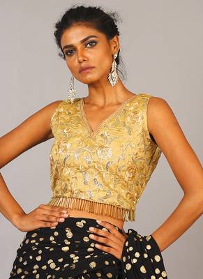 Golden Embroidered Blouse With Back Tie & Fringe Lace 1