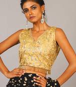 Golden Embroidered Blouse With Back Tie & Fringe Lace