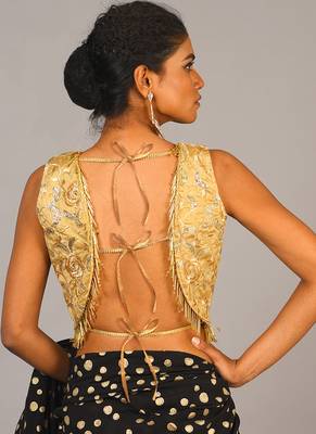 Golden Embroidered Blouse With Back Tie & Fringe Lace 3