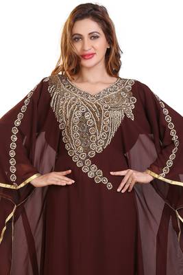brown moroccan dubai kaftan farasha zari and stone work dress 2