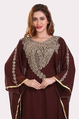 brown moroccan dubai kaftan farasha zari and stone work dress 3