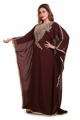 brown moroccan dubai kaftan farasha zari and stone work dress 4