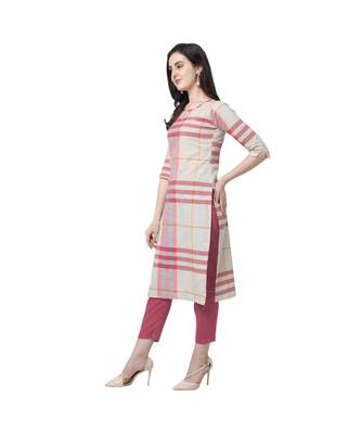 beige Elora Cotton Chex Printed Kurti for Women 2