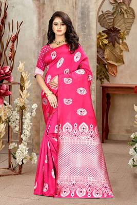 Pink Woven Kanjivaram Silk Saree With Blouse 1