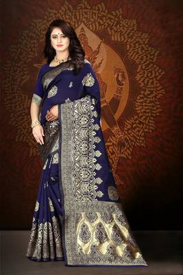 Navy Blue Woven Art Silk Saree With Blouse 2