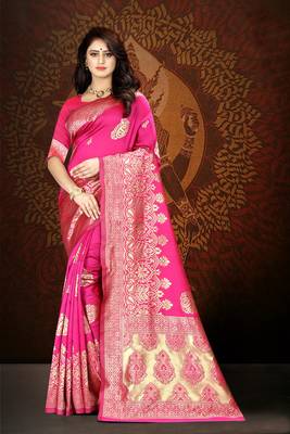 Pink Woven Kanjivaram Silk Saree With Blouse 3
