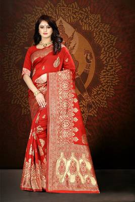 Red Woven Art Silk Saree With Blouse 5