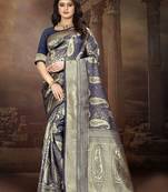 Navy Blue Woven Kanjivaram Silk Saree With Blouse