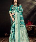 Sea Green Woven Kanjivaram Silk Saree With Blouse