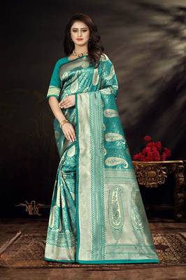 Sea Green Woven Kanjivaram Silk Saree With Blouse 2