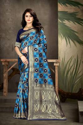 Navy Blue Woven Art Silk Saree With Blouse 1