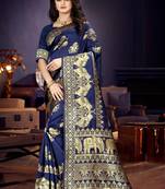 Navy Blue Woven Art Silk Saree With Blouse