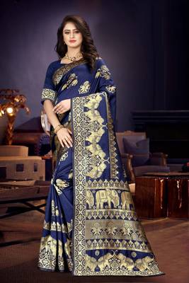 Navy Blue Woven Art Silk Saree With Blouse 2