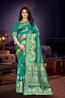 Sea Green Woven Art Silk Saree With Blouse 2